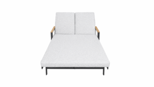 Adjustable double outdoor chaise lounge daybed with light gray cushions and wooden armrest, front view