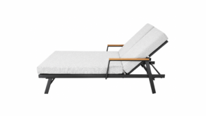 Adjustable double outdoor chaise lounge daybed with wooden armrest, side view
