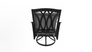 Back view of outdoor wicker swivel patio chair with decorative curved lattice black metal backrest, removable dark grey cushion, 360 rotating base, weatherproof garden armchair