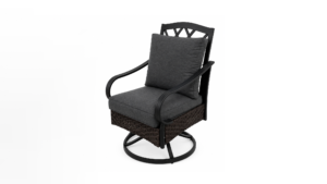 Side angle shot rattan swivel garden patio chair with curved lattice black metal frame, ergonomic curved armrests, thick dark grey removable cushions, 360° rotating metal base, weatherproof outdoor leisure armchair
