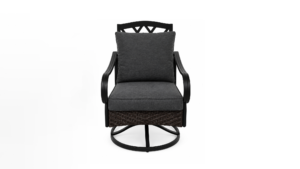 Single rattan swivel garden patio chair with curved lattice black metal frame, thick dark grey removable seat and back cushion, 360 degree rotating round base, weather resistant outdoor armchair