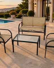 DOON outdoor patio furniture set: weather-resistant 4-piece sofa and coffee table by the pool, perfect for luxury garden and terrace spaces.