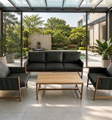 Modern outdoor furniture set by DOON: weather-resistant black sofa, armchairs, and wooden coffee table for patio and garden spaces.