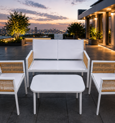 DOON modern white aluminum rattan patio furniture 4pcs conversation set on city rooftop terrace at sunset, outdoor balcony lounge sofa with coffee table
