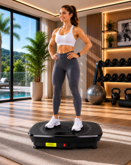 Woman using DOON vibration plate exercise machine for full-body workout in a luxury home gym. Compact vibration platform for home fitness, improving muscle activation and circulation.