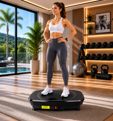 Woman using DOON vibration plate exercise machine for full-body workout in a luxury home gym. Compact vibration platform for home fitness, improving muscle activation and circulation.